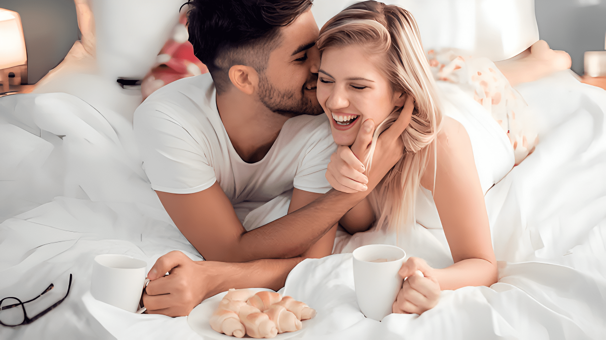 couple eating breakfast in bed lovingly