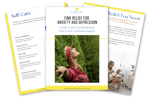 Find Relief for Anxiety and Depression A preview of a wellness guide titled “Find Relief for Anxiety and Depression,” featuring a joyful woman in nature and pages highlighting self-care practices and professional support options